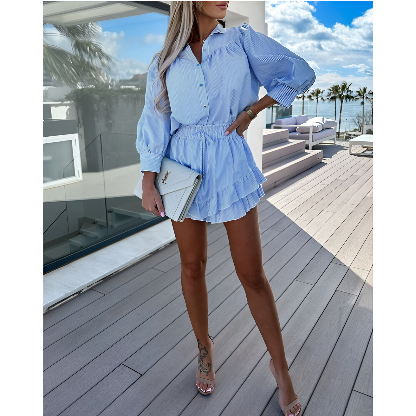 To-delt sæt til kvinder – Gestreepte Blouse – Ruffle Rok – Elastische Taille