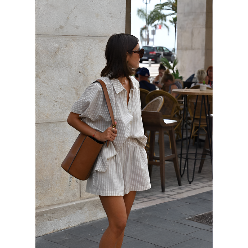 Tøj i hør til kvinder - klassisk krave - elastisk talje - sommerstil