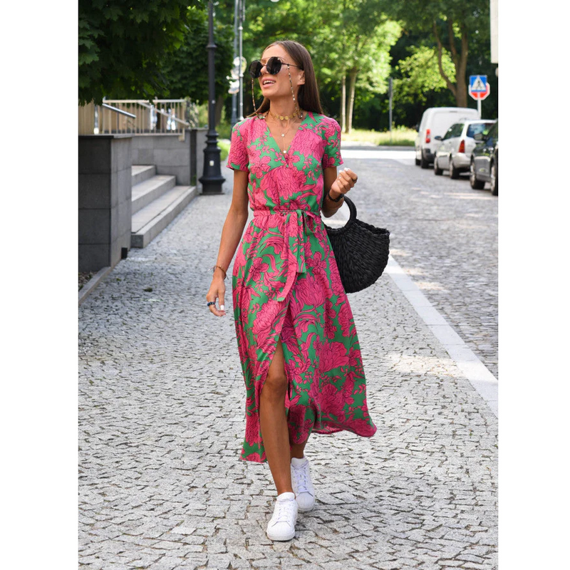 Maxikjole til kvinder – Wrap-design – Blomsterprint – V-udskæring