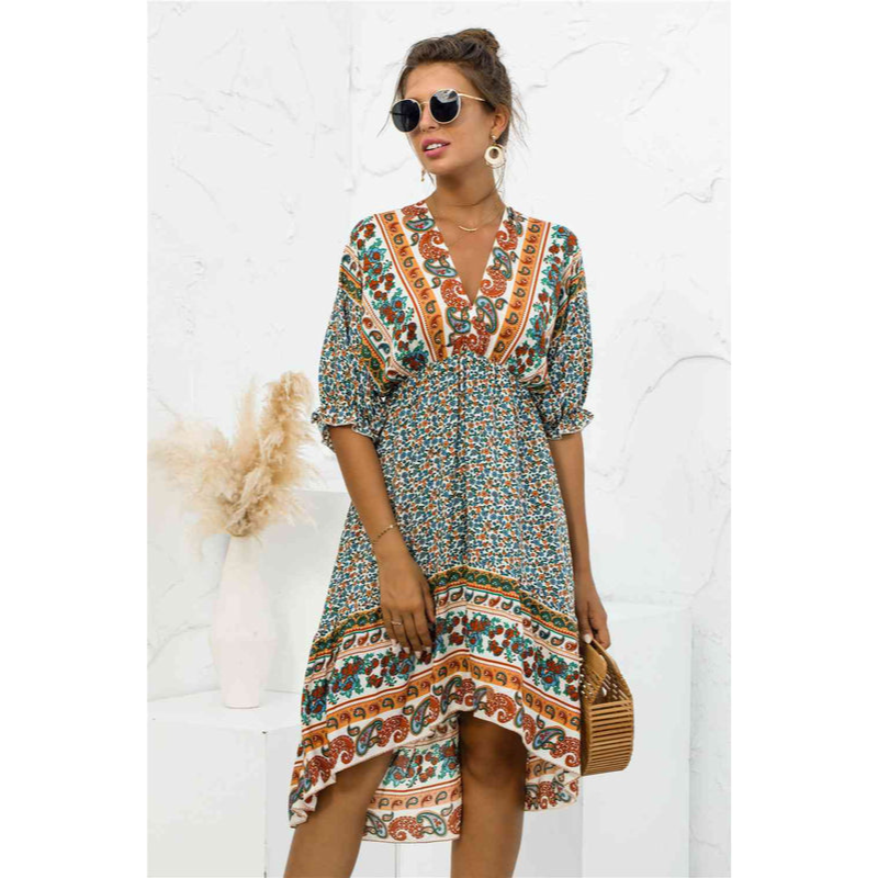 Boheme-kjole til kvinder med V-udskæring – høj talje – ballonform – elegant silhuet
