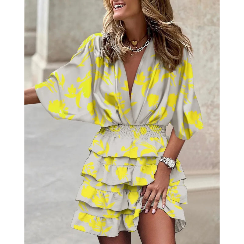 Sommerkjole til kvinder – Blomsterprint – Flæser – Elastisk talje