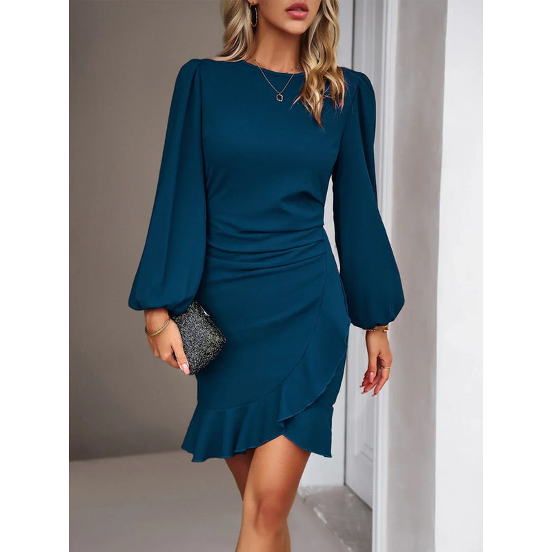 Formel kjole til kvinder – Elegant pasform – Asymmetrisk kant – Lange ærmer