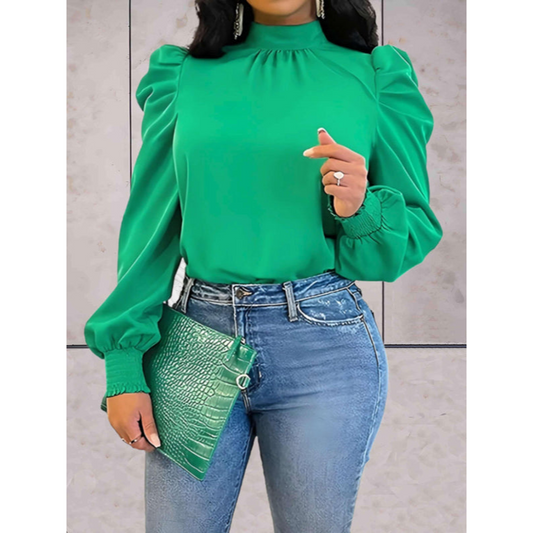 Bluse til kvinder – Puffærmer – Høj hals – Elegant pasform