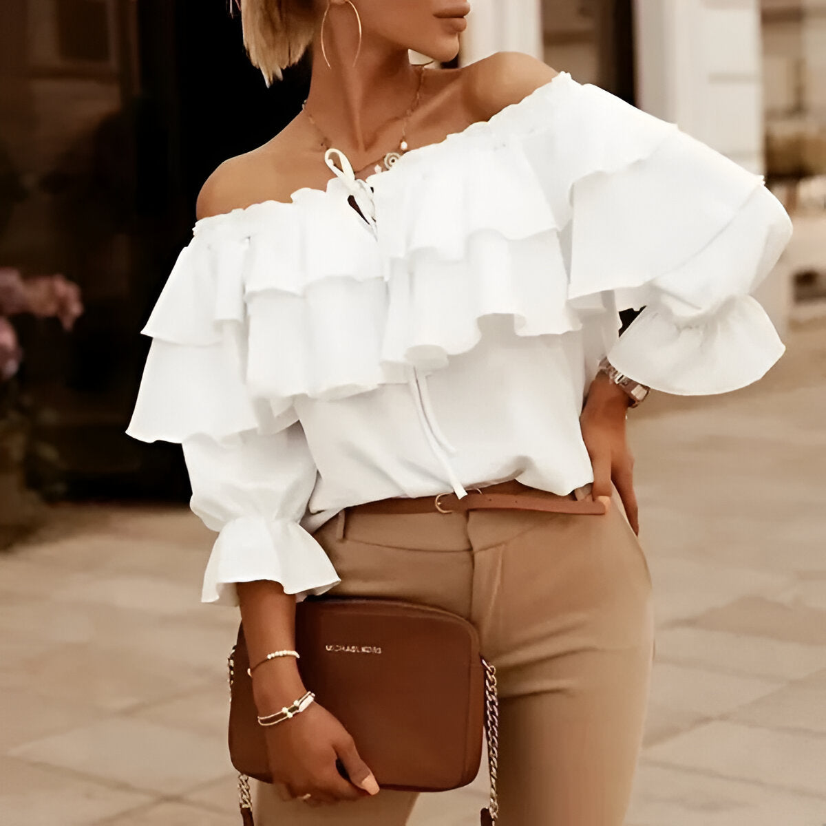 Dame bluse – Off-shoulder – Krøllet design – Letvægtsstof