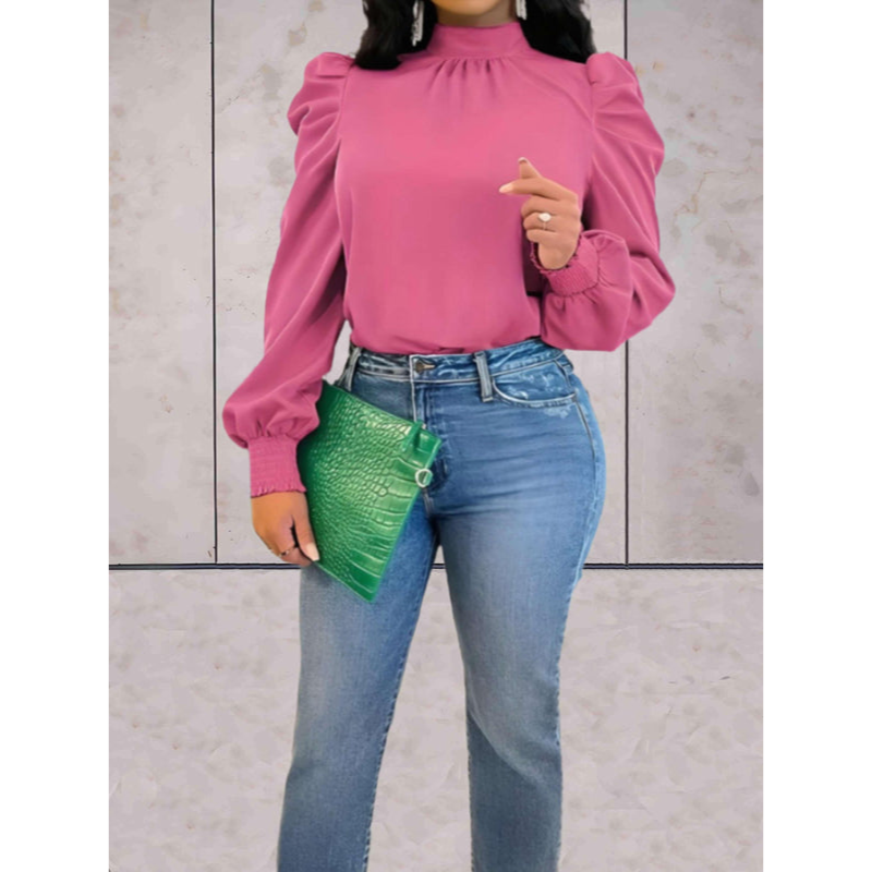 Bluse til kvinder – Puffærmer – Høj hals – Elegant pasform