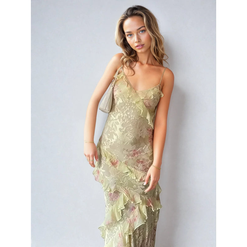 Sommerkjole til kvinder – Letvægtsmesh – Rynkede detaljer – V-udskæring