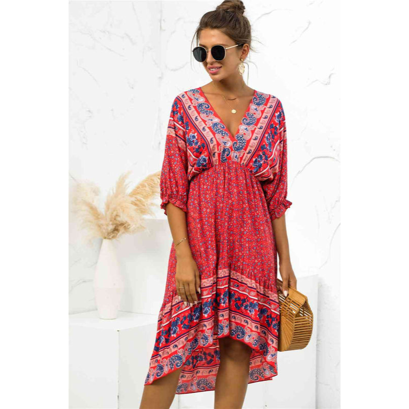 Boheme-kjole til kvinder med V-udskæring – høj talje – ballonform – elegant silhuet