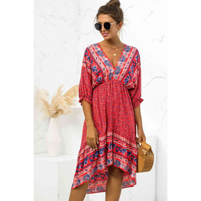 Boheme-kjole til kvinder med V-udskæring – høj talje – ballonform – elegant silhuet