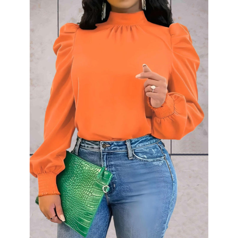 Bluse til kvinder – Puffærmer – Høj hals – Elegant pasform