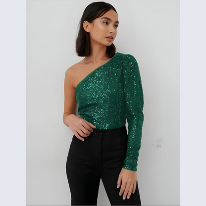 Top til kvinder – Glamourøs stil – En skulder – Glitrende finish