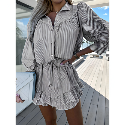 To-delt sæt til kvinder – Gestreepte Blouse – Ruffle Rok – Elastische Taille