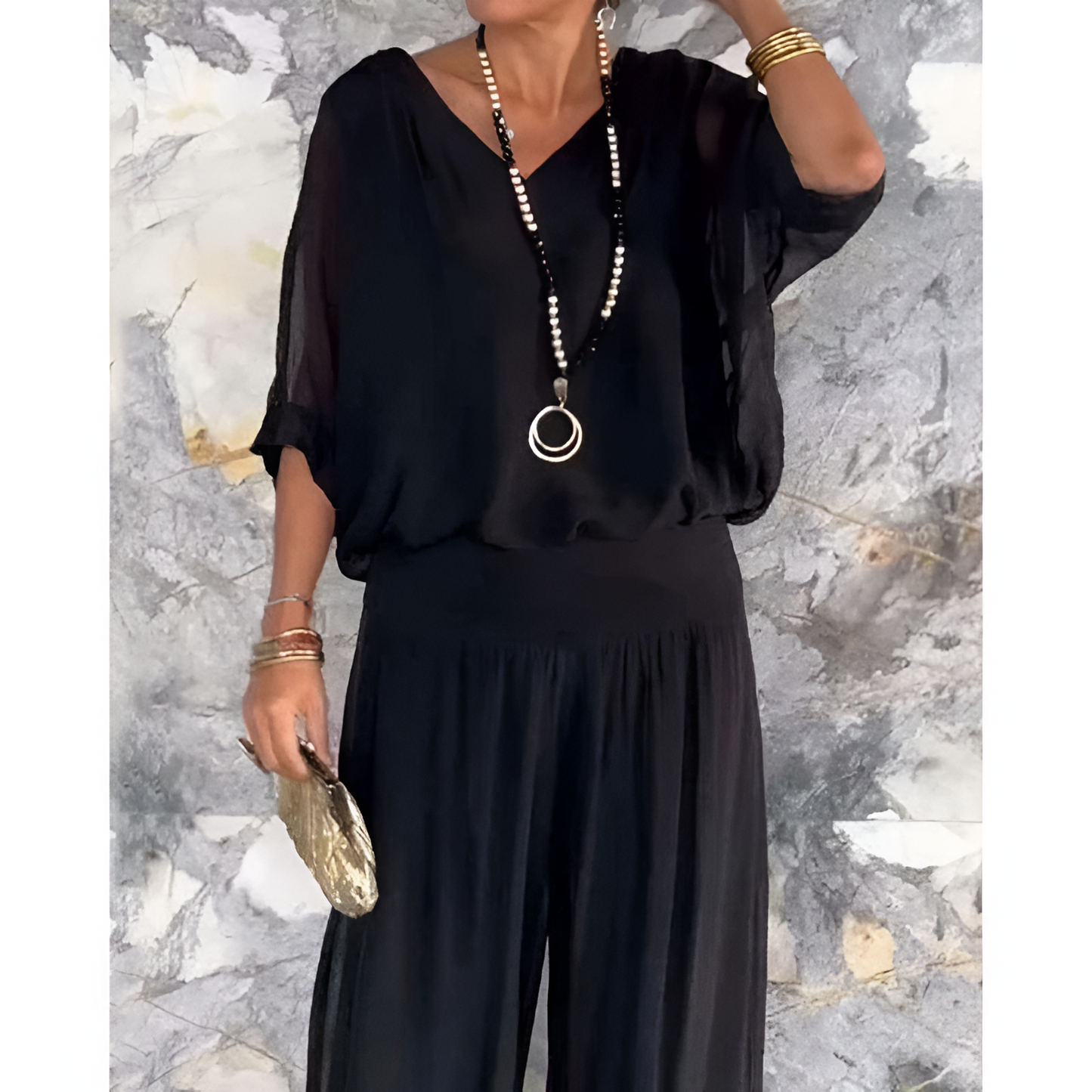 Kvindesæt – Bohemian stil – Brede ærmer – Bluse med V-hals