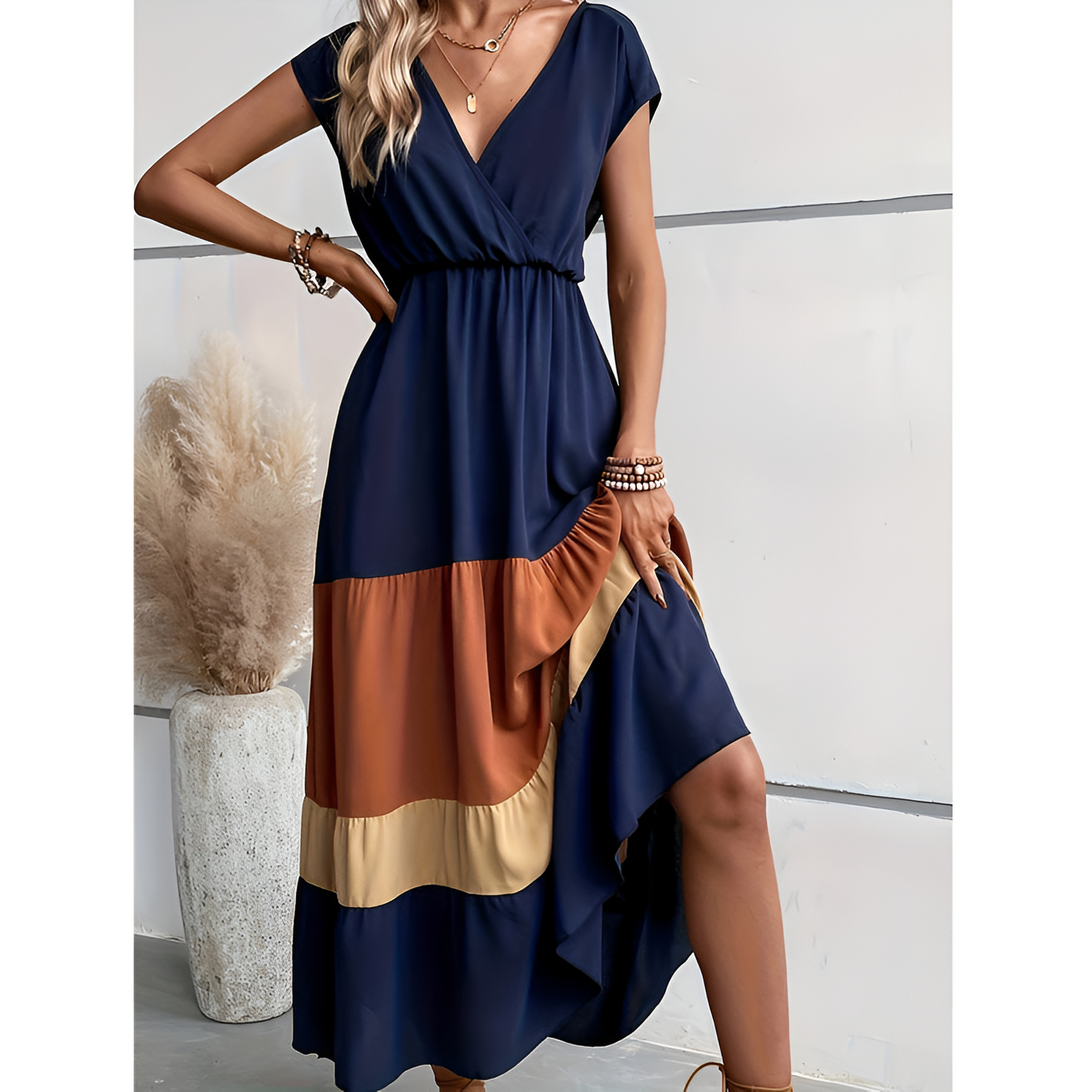 Maxikjole til damer - Dyb V hals - Elegant A linje - Sommerstil