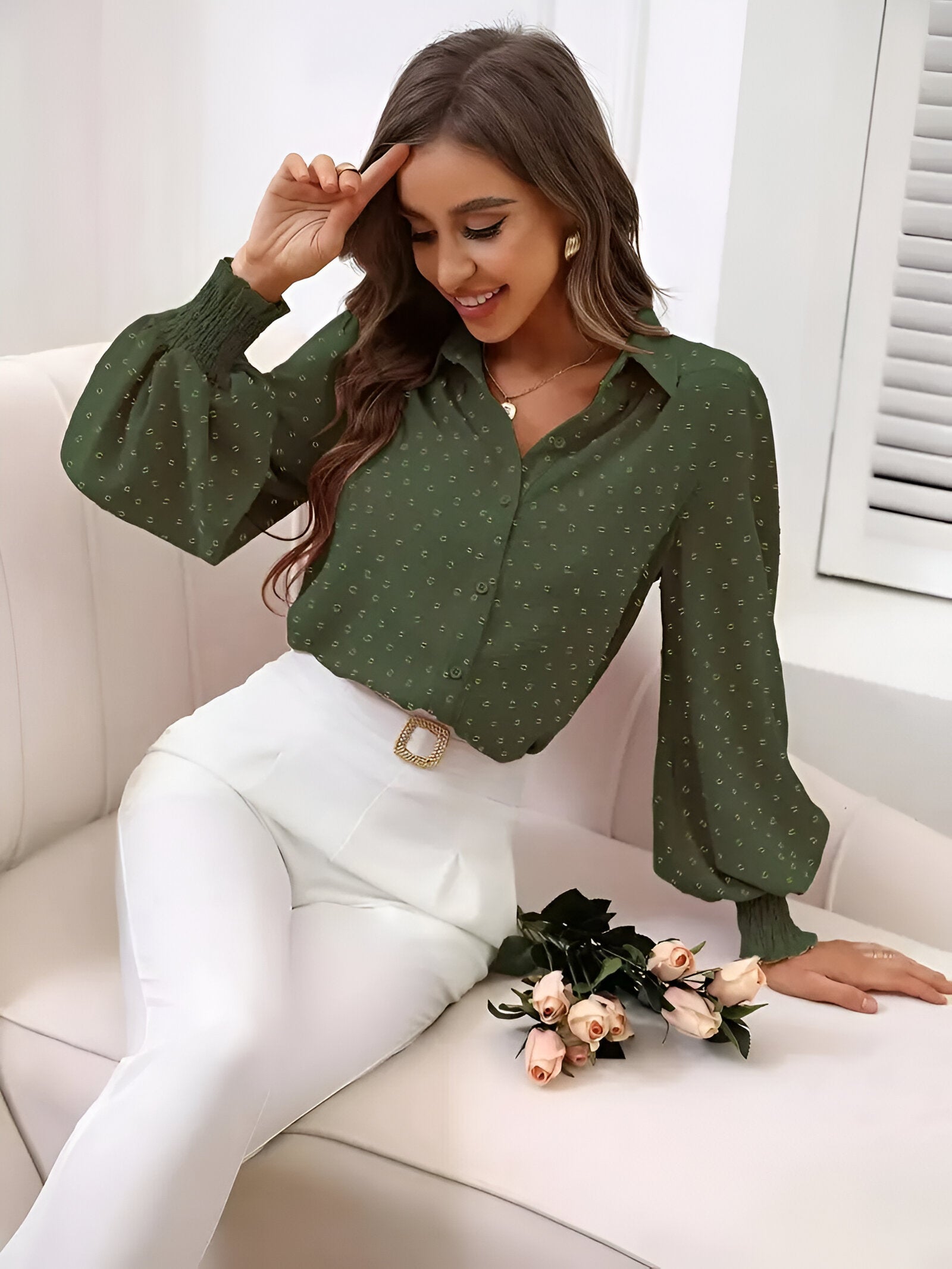 Elegant Bluse Med Lantaarnmuffer-3