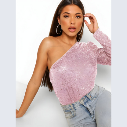Top til kvinder – Glamourøs stil – En skulder – Glitrende finish