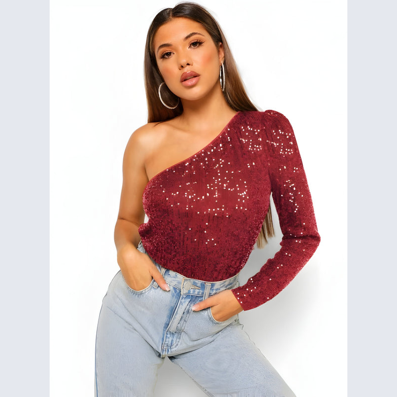 Top til kvinder – Glamourøs stil – En skulder – Glitrende finish