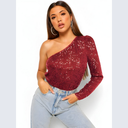 Top til kvinder – Glamourøs stil – En skulder – Glitrende finish