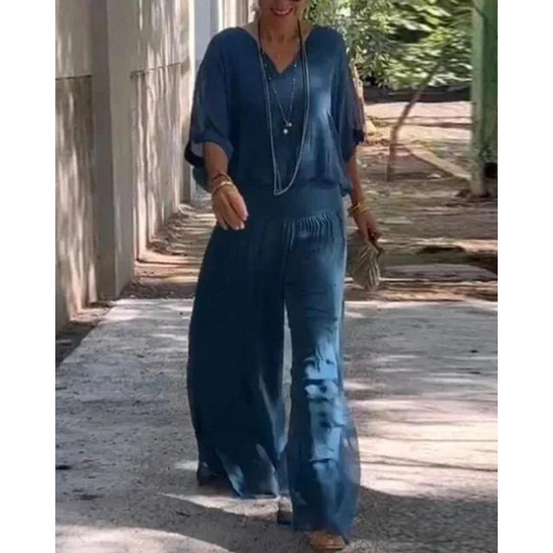 Kvindesæt – Bohemian stil – Brede ærmer – Bluse med V-hals