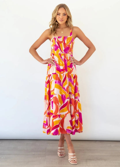 Casual kjole til kvinder – Livlig print – Elastisk talje – Åndbart stof