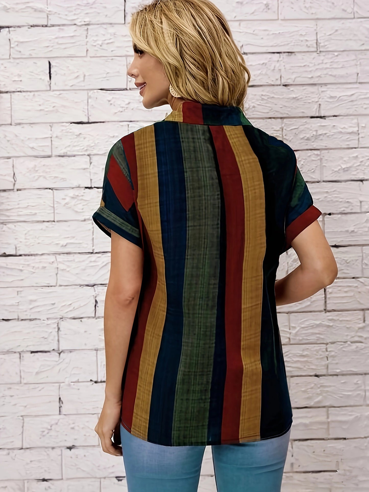 Sommerbluse til kvinder – klassisk pasform – let stof – retro striber