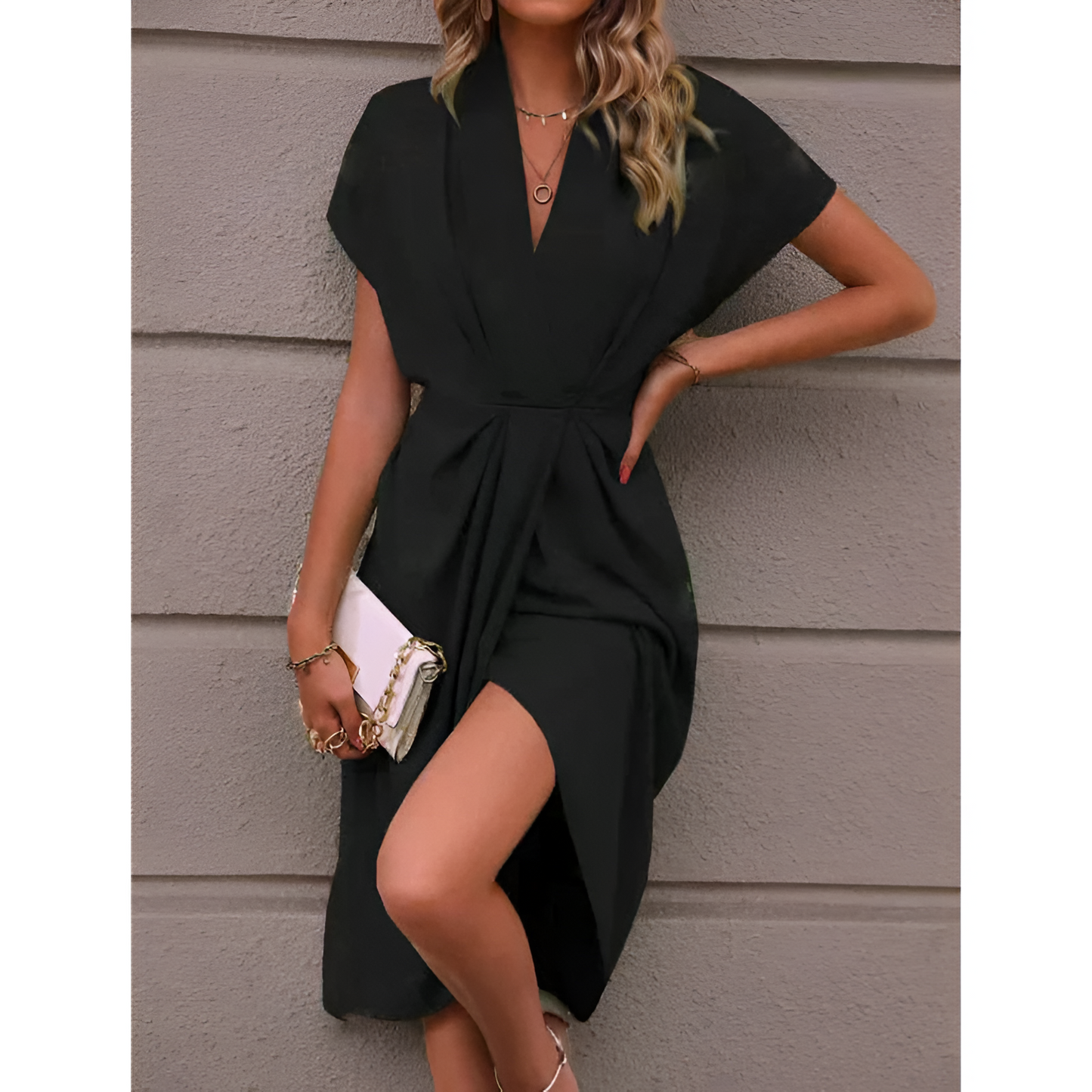 Dame wikkelkjole – elegant stil – midi-længde – sløjfe i taljen