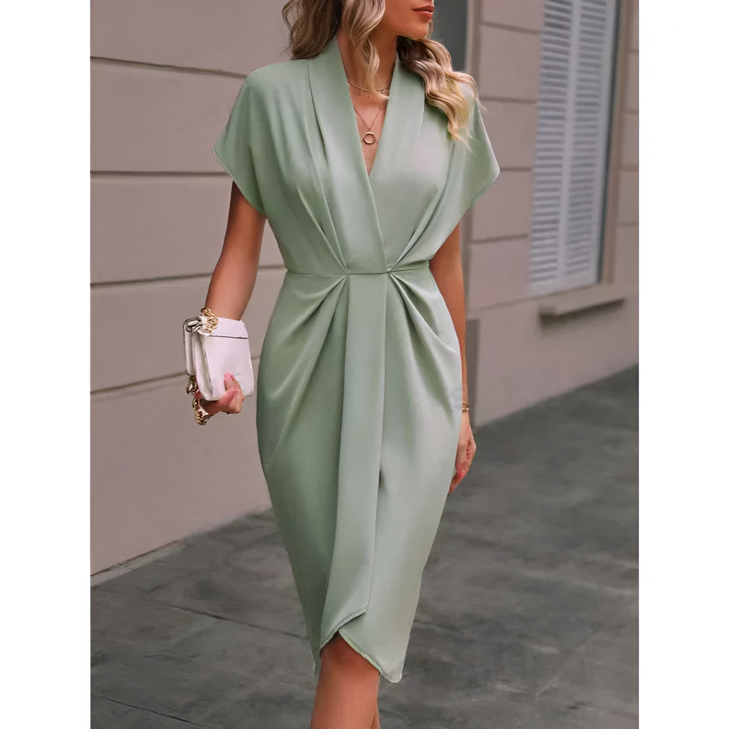 Dame wikkelkjole – elegant stil – midi-længde – sløjfe i taljen