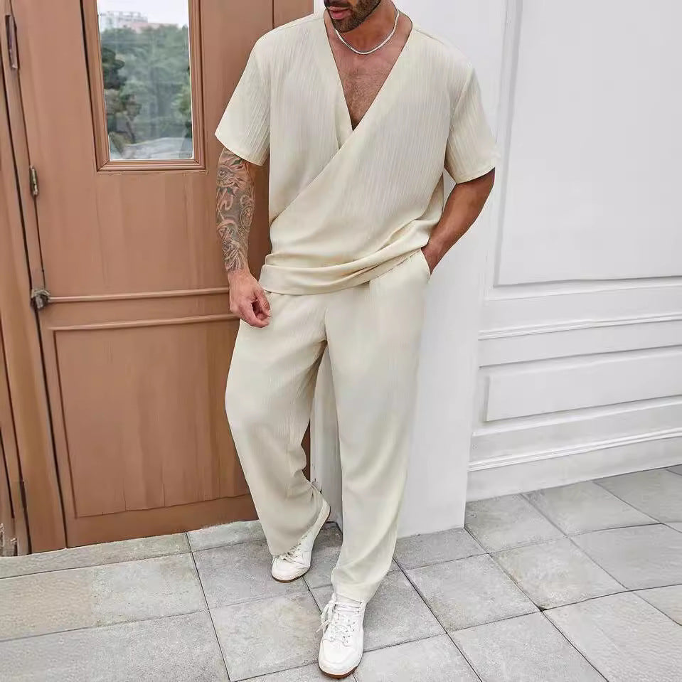 Herre casual sæt – T-shirt med V-hals – Åndbare bukser – Afslappet pasform