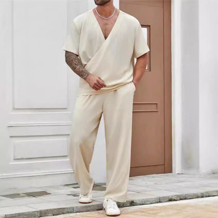 Herre casual sæt – T-shirt med V-hals – Åndbare bukser – Afslappet pasform