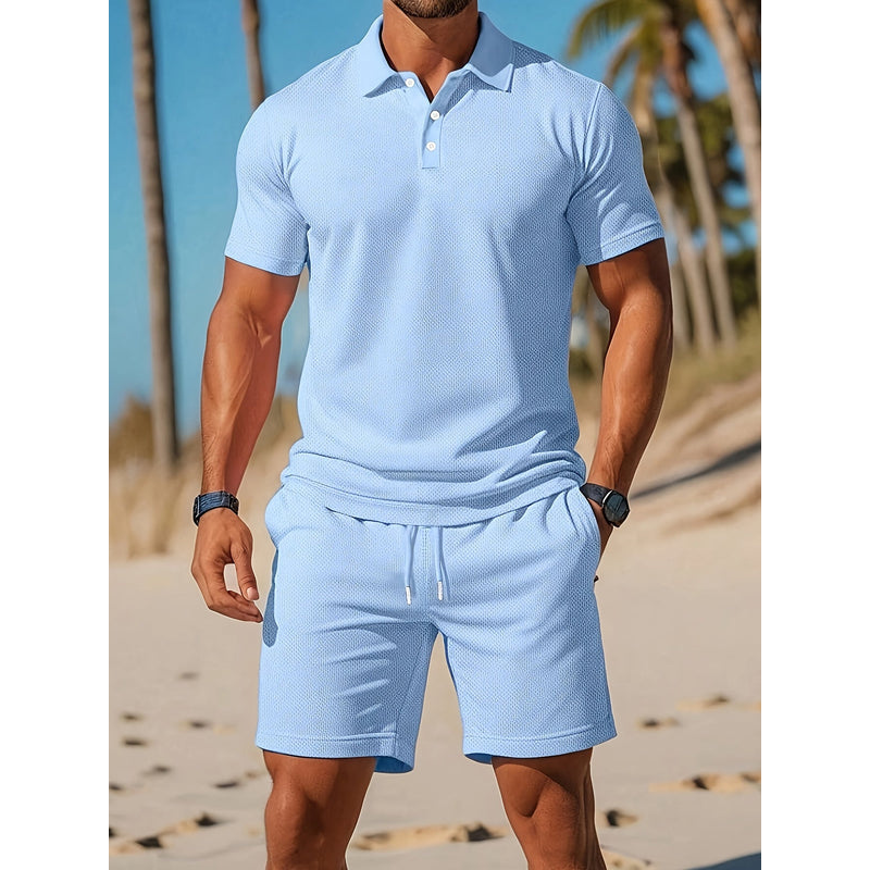 Herreoutfit – Åndbar poloshirt – Matchende shorts – Letvægts mesh-stof