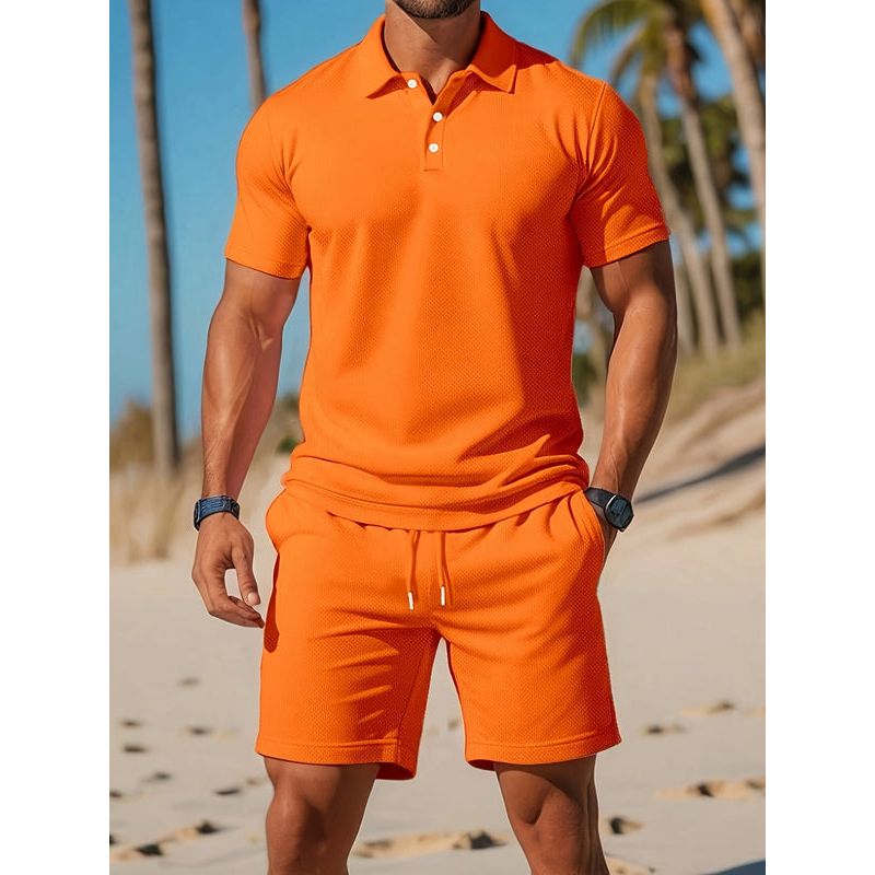 Herreoutfit – Åndbar poloshirt – Matchende shorts – Letvægts mesh-stof