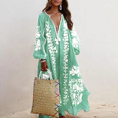 Maxikjole til kvinder – Lange ærmer – Blomstermønster – Løs pasform