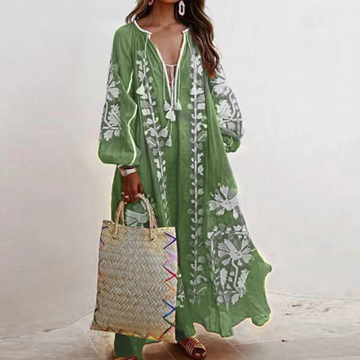 Maxikjole til kvinder – Lange ærmer – Blomstermønster – Løs pasform