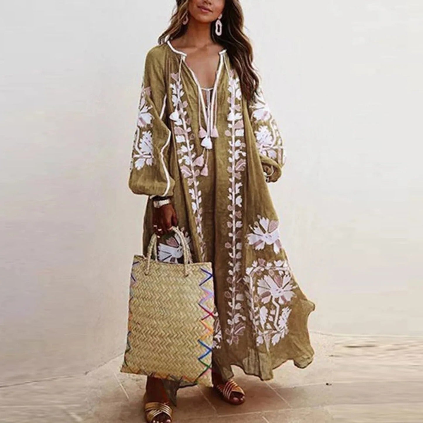 Maxikjole til kvinder – Lange ærmer – Blomstermønster – Løs pasform