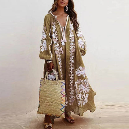 Maxikjole til kvinder – Lange ærmer – Blomstermønster – Løs pasform