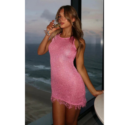 Mini-kjole til kvinder – Bodycon-pasform – Skinnende stof – Frynser i nederkant