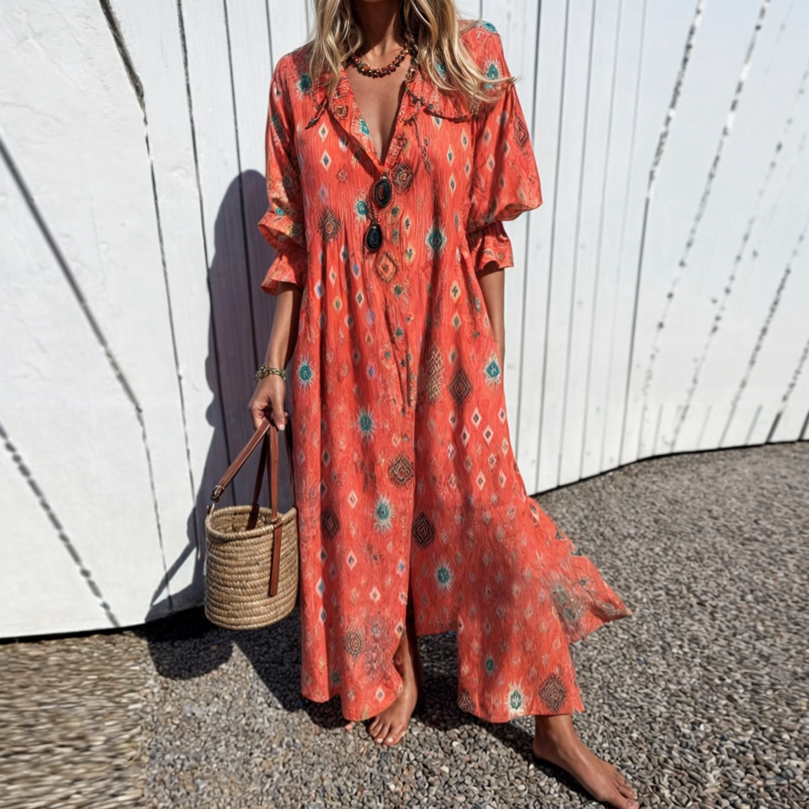 Sommerkjole til kvinder – Let stof – Boho-stil – Elastisk talje