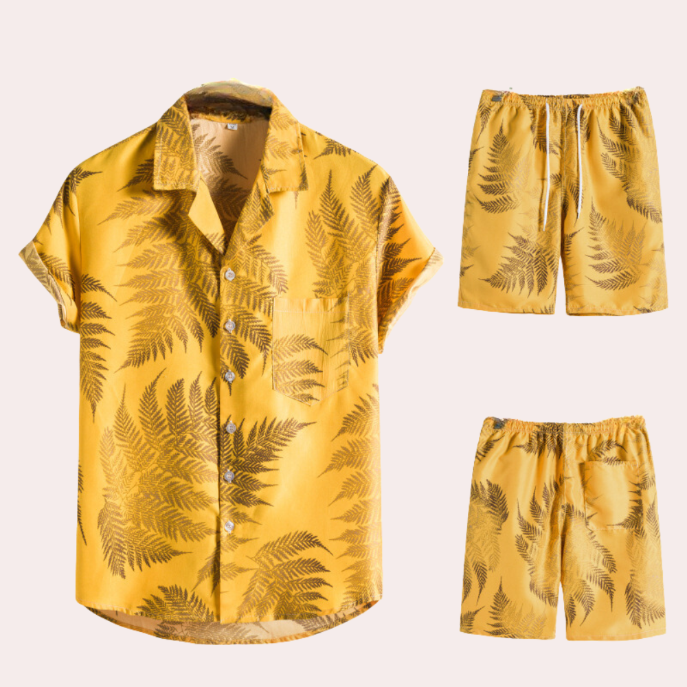 To-delt sommeroutfit til mænd – Hawaiiansk blomsterprint – Let bomuldsstof – Afslappet, casual pasform