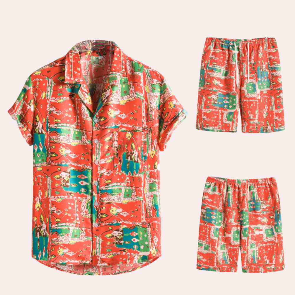 To-delt sommeroutfit til mænd – Hawaiiansk blomsterprint – Let bomuldsstof – Afslappet, casual pasform