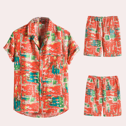 To-delt sommeroutfit til mænd – Hawaiiansk blomsterprint – Let bomuldsstof – Afslappet, casual pasform
