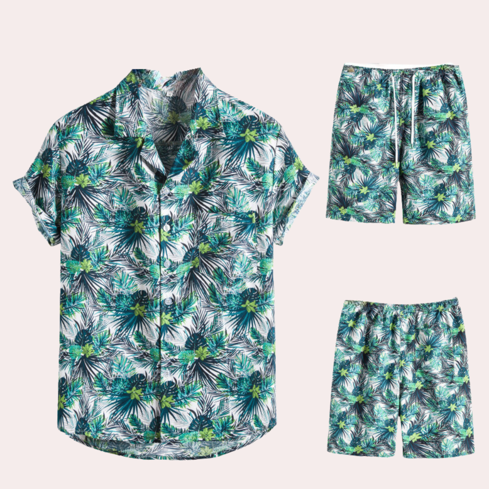 To-delt sommeroutfit til mænd – Hawaiiansk blomsterprint – Let bomuldsstof – Afslappet, casual pasform