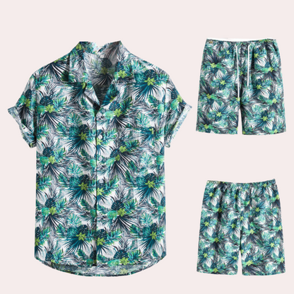 To-delt sommeroutfit til mænd – Hawaiiansk blomsterprint – Let bomuldsstof – Afslappet, casual pasform