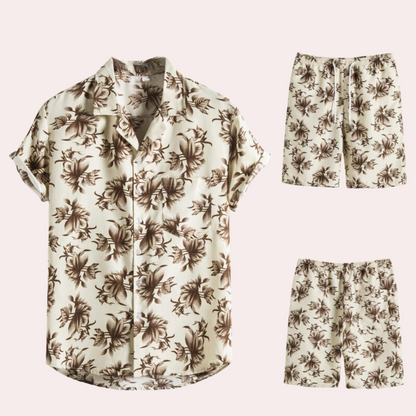 To-delt sommeroutfit til mænd – Hawaiiansk blomsterprint – Let bomuldsstof – Afslappet, casual pasform