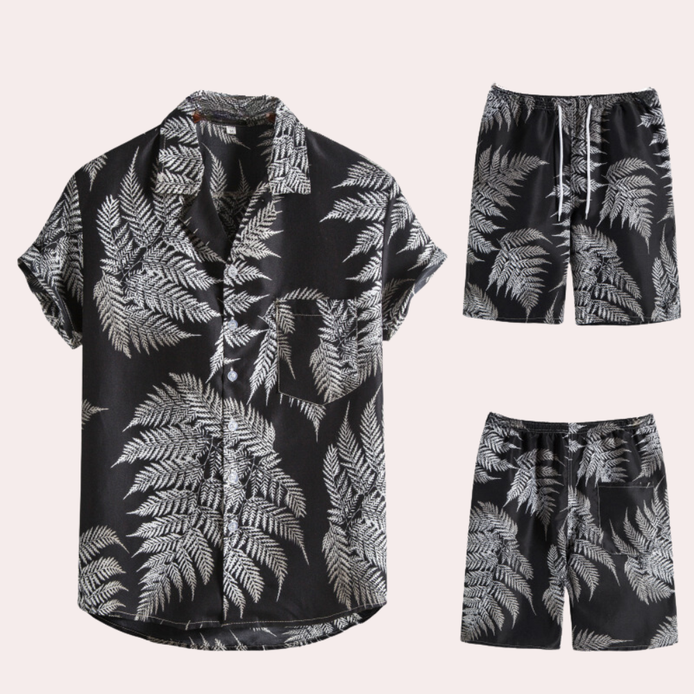 To-delt sommeroutfit til mænd – Hawaiiansk blomsterprint – Let bomuldsstof – Afslappet, casual pasform