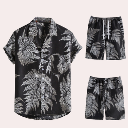To-delt sommeroutfit til mænd – Hawaiiansk blomsterprint – Let bomuldsstof – Afslappet, casual pasform