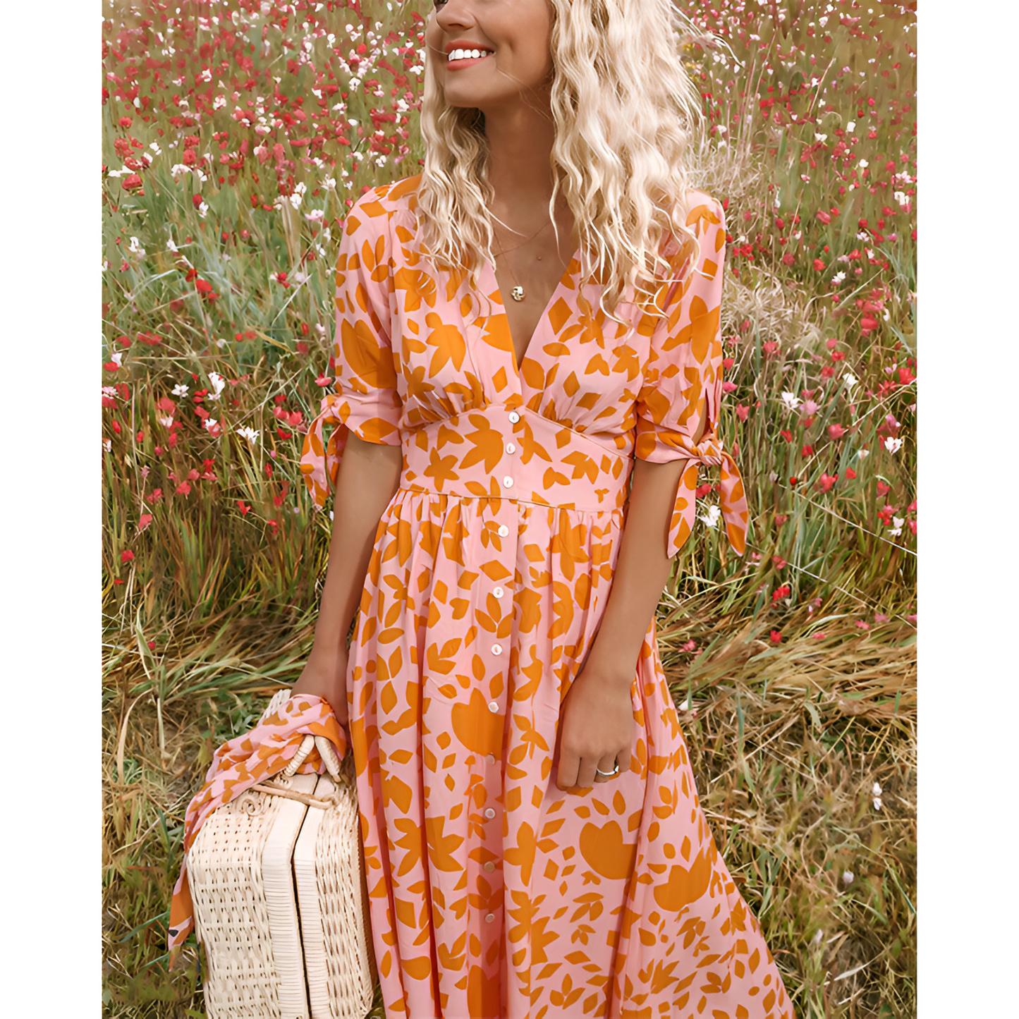 Maxikjole til kvinder – blomsterprint – bindeærmer – V-hals