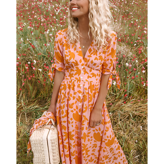 Maxikjole til kvinder – blomsterprint – bindeærmer – V-hals