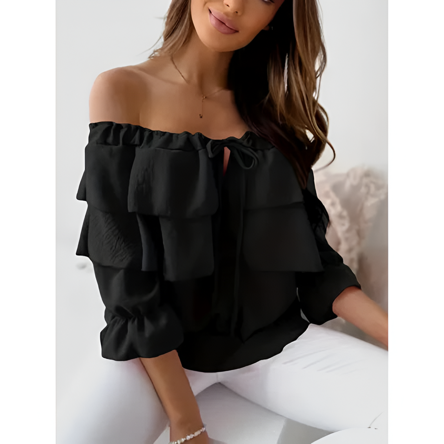 Dame bluse – Off-shoulder – Krøllet design – Letvægtsstof
