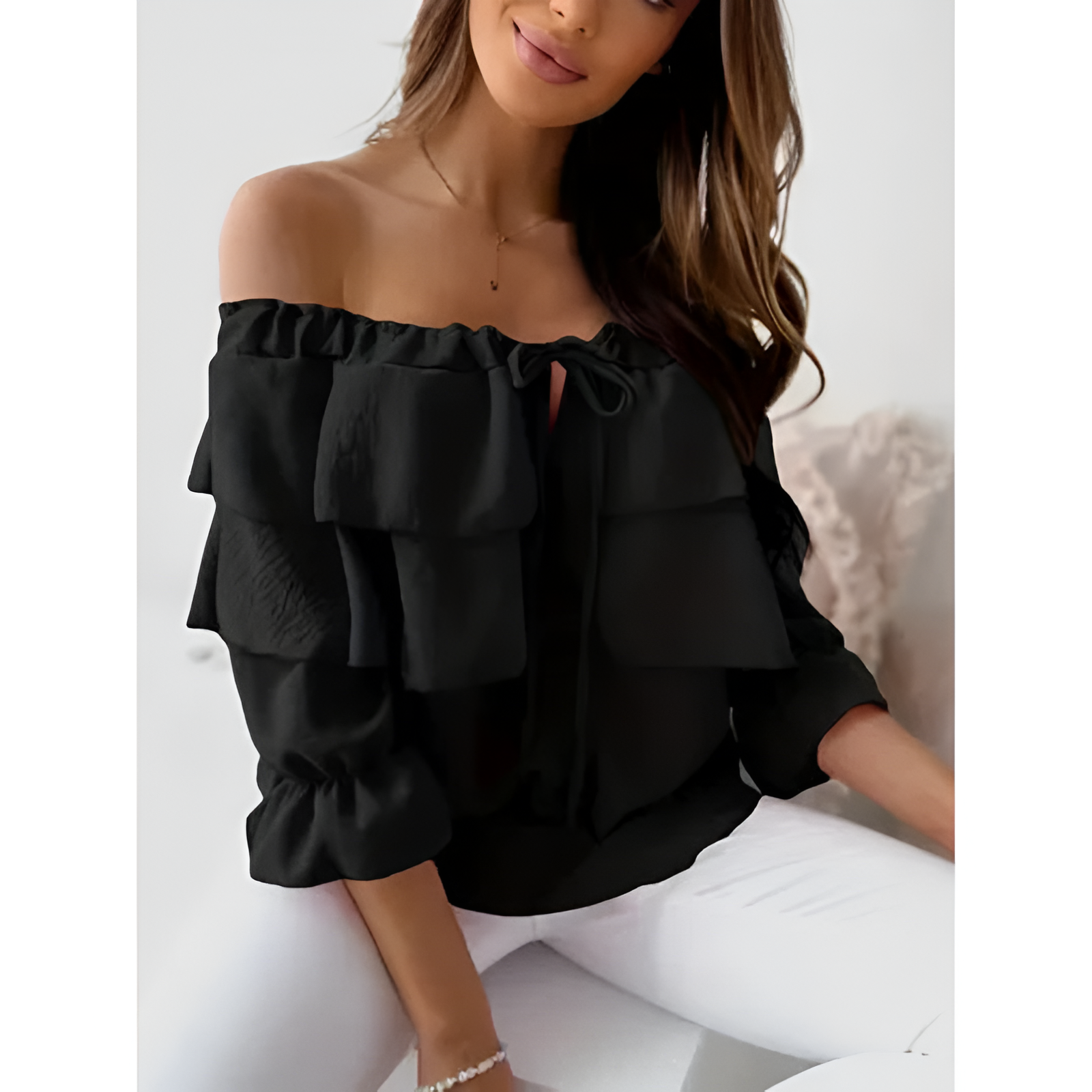 Dame bluse – Off-shoulder – Krøllet design – Letvægtsstof