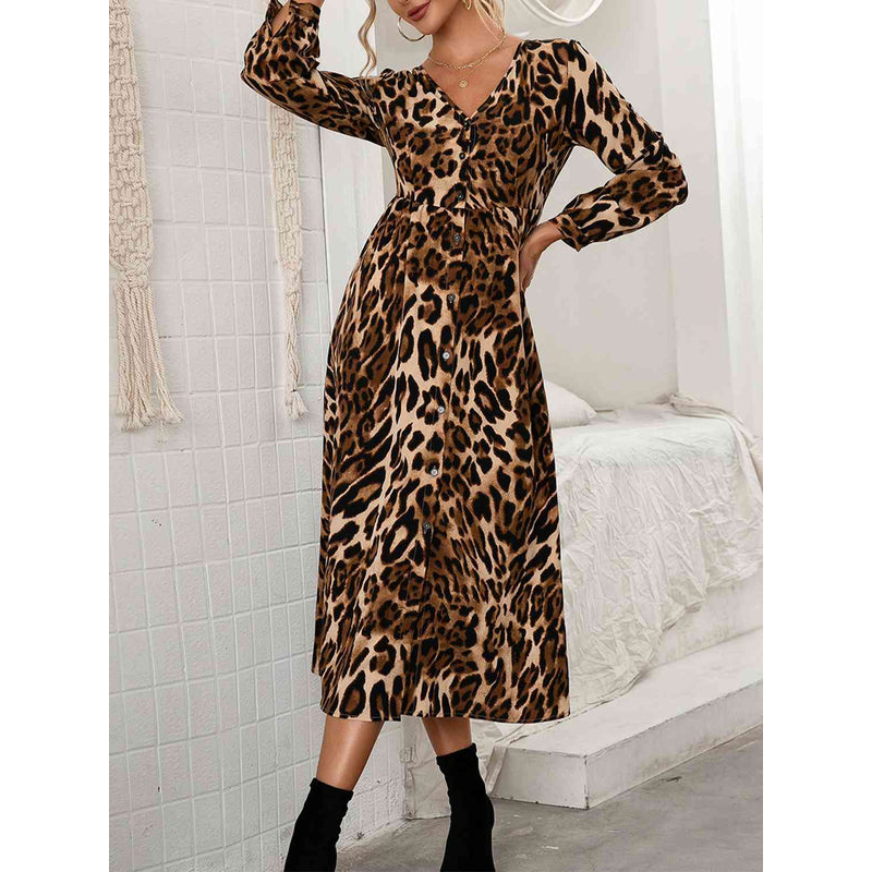 Kvindekjole – V-hals – Leopardprint – Stretchstof
