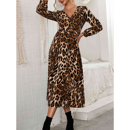 Kvindekjole – V-hals – Leopardprint – Stretchstof